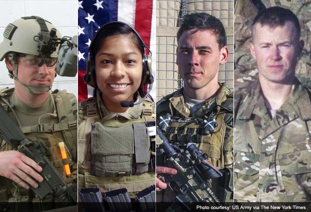 Photo of Sgt Joseph Peters, First Lt Jennifer Moreno, Sgt Patrick Hawkins and Pfc Cody Patterson who were killed in Afghanistan