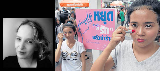 Activists smear lipstick under their eyes to represent bruising during a campaign to raise awareness about violence against women. Photo: Bangkok Post - http://www.thephuketnews.com/thailands-battered-and-scared-women-find-a-new-life-42999.php