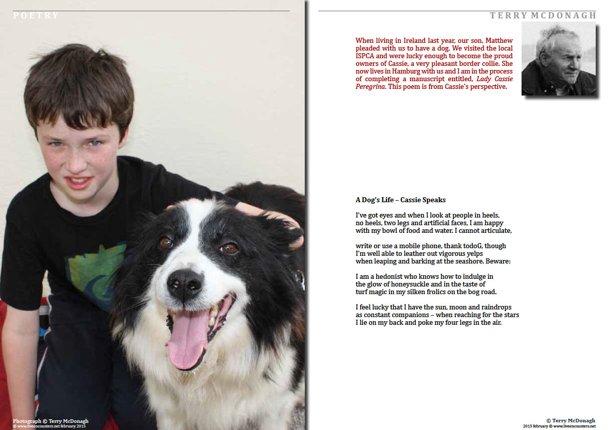 Page One A Dog’s Life – Cassie Speaks by Terry McDonagh, Irish poet, writer  and playwright 