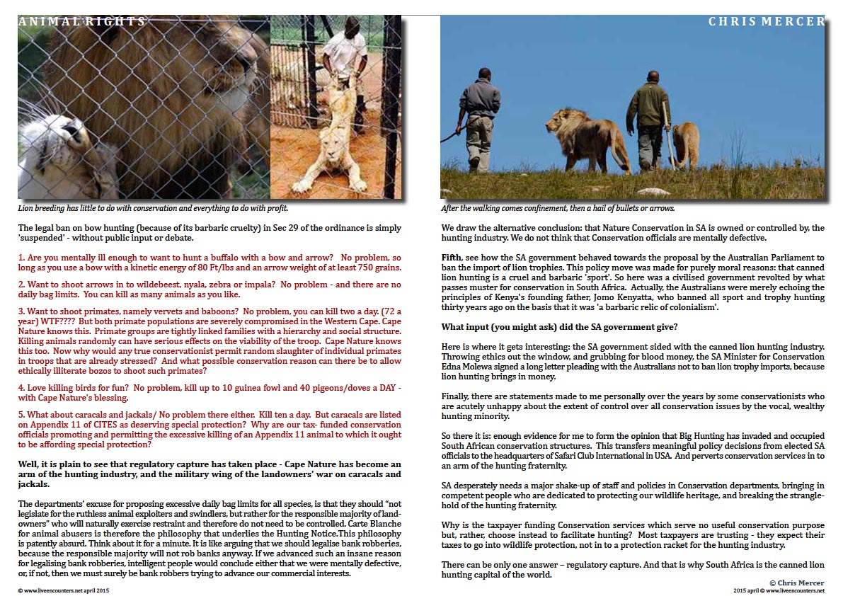 Page Four Chris Mercer on Canned Lion hunting and Regulatory Capture Live Encounters Magazine April 2015