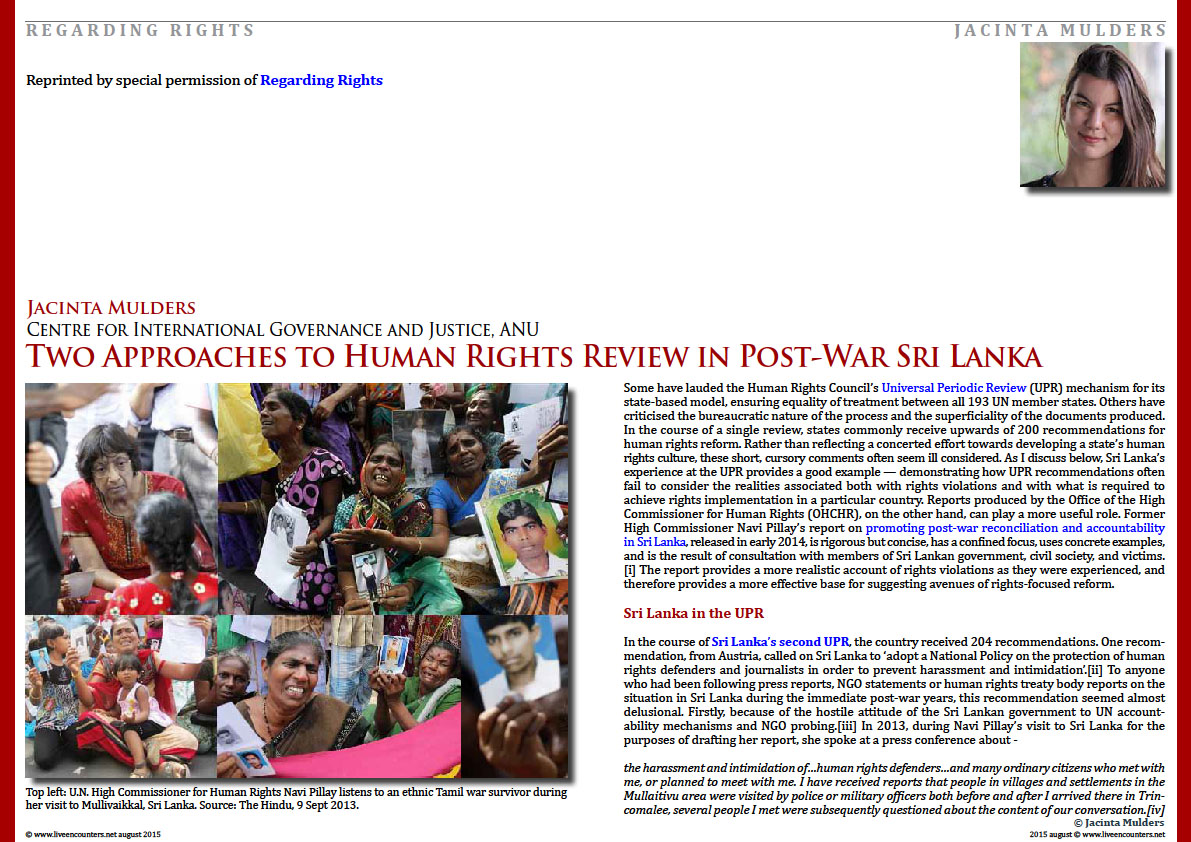 Page One Two Approaches to Human Rights Review in Post-War Sri Lanka by Jacinta Mulders Live Encounters Magazine August 2015