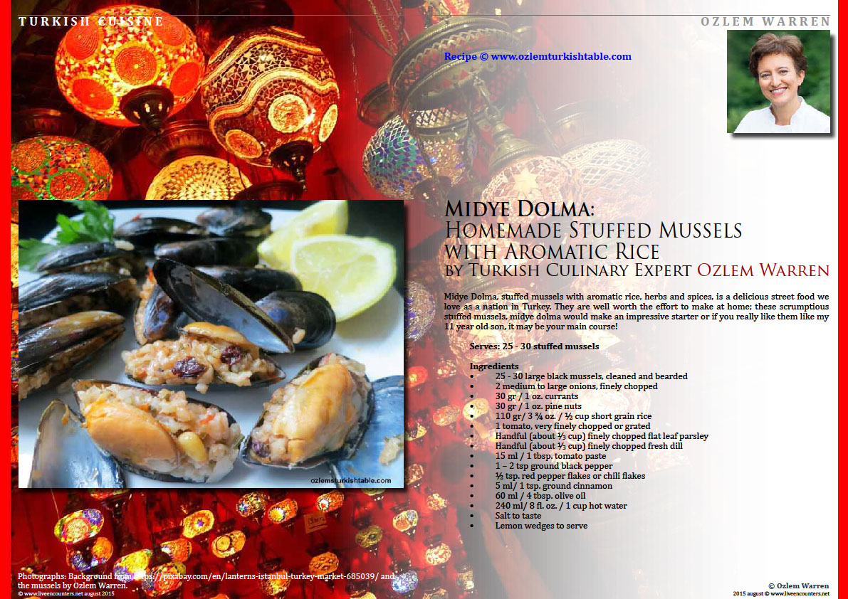 Page One Midye Dolma:  Homemade Stuffed Mussels  with Aromatic Rice  by Turkish Culinary Expert Ozlem Warren Live Encounters Magazine August 2015