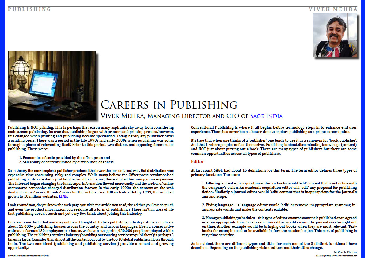 Page One Careers in Publishing by Vivek Mehra, Managing Director and CEO of Sage India Live Encounters Magazine August 2015