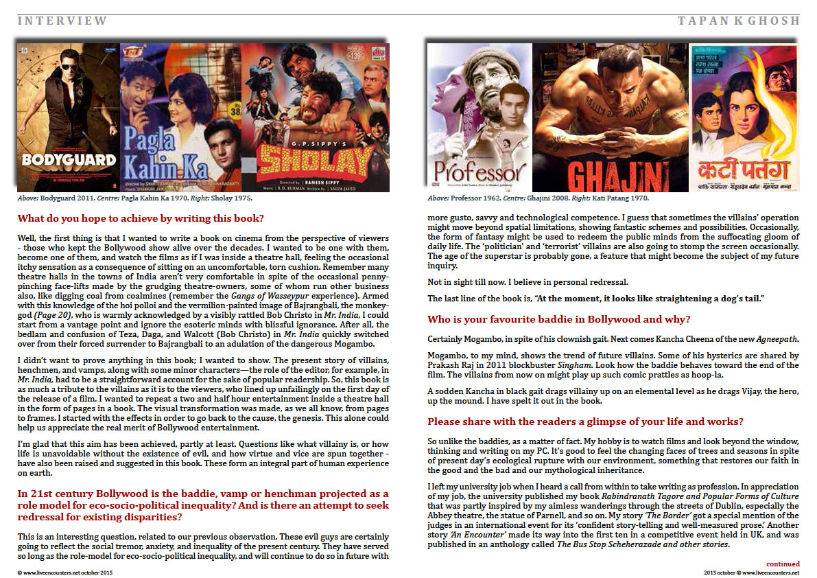 Page Four Bollywood Baddies, author Tapan K Ghosh in a live encounter with Mark Ulyseas live encounters magazine October 2015