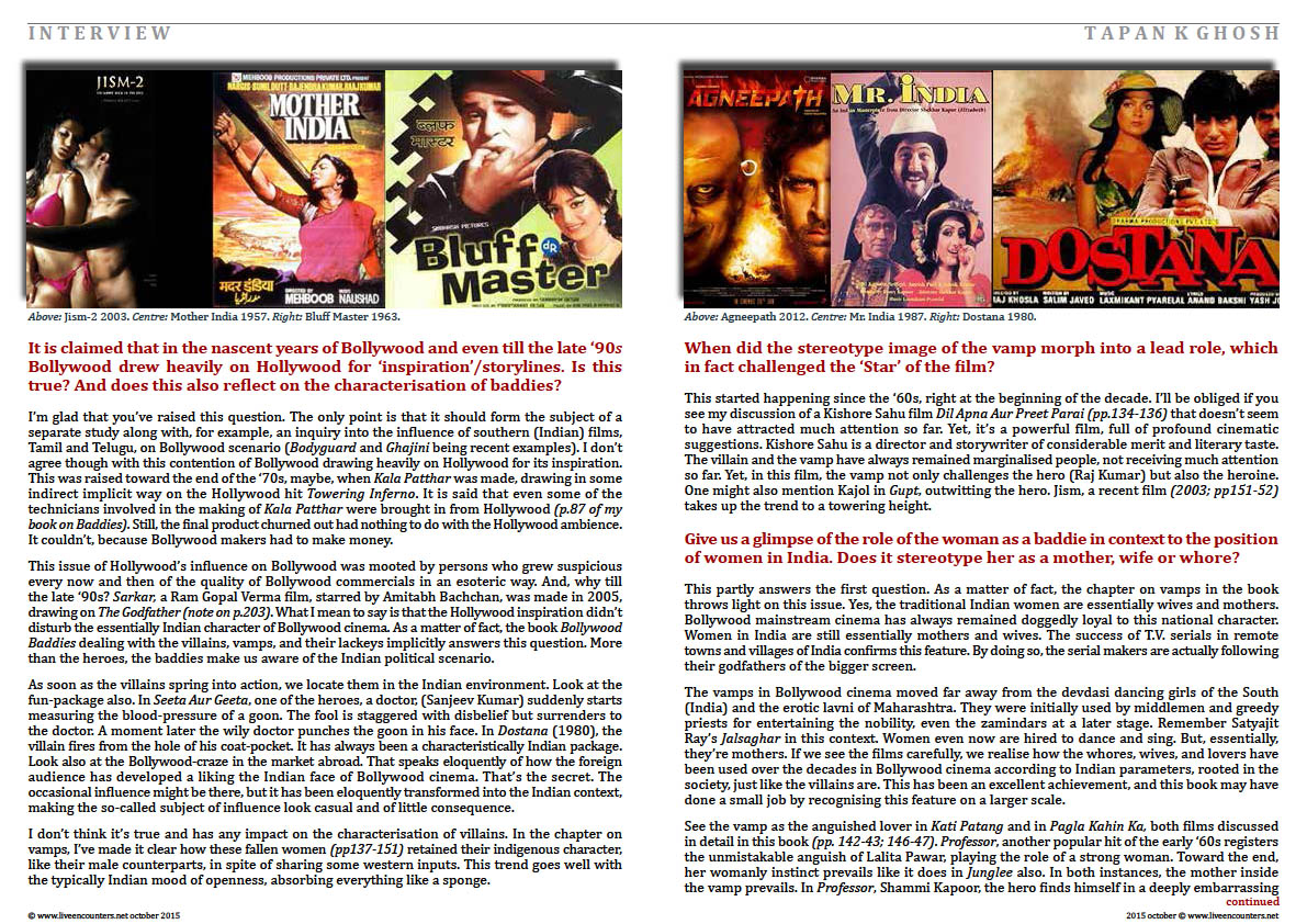 Page Two Bollywood Baddies, author Tapan K Ghosh in a live encounter with Mark Ulyseas live encounters magazine October 2015