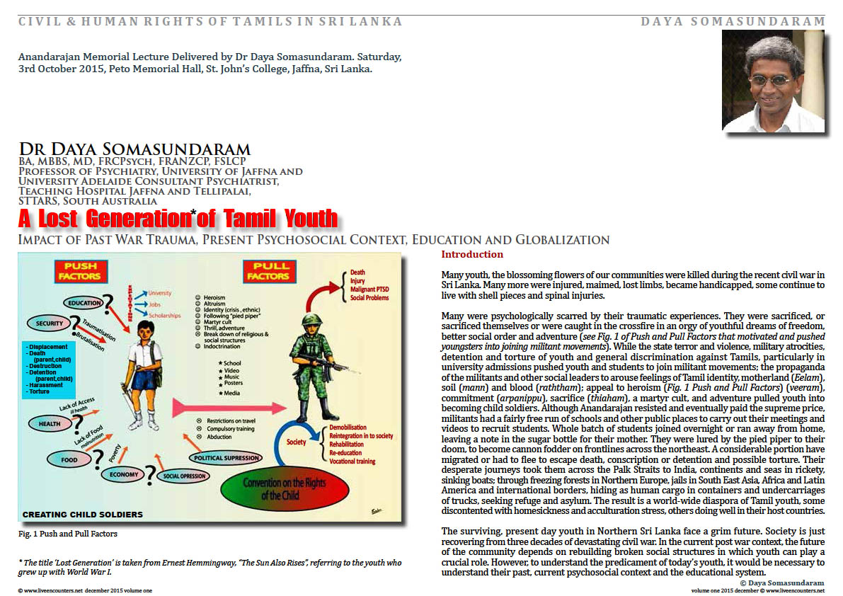 Live Encounters Dr Daya Somasundaram A Lost Generation of Tamil Youth Volume One December 2015 page one