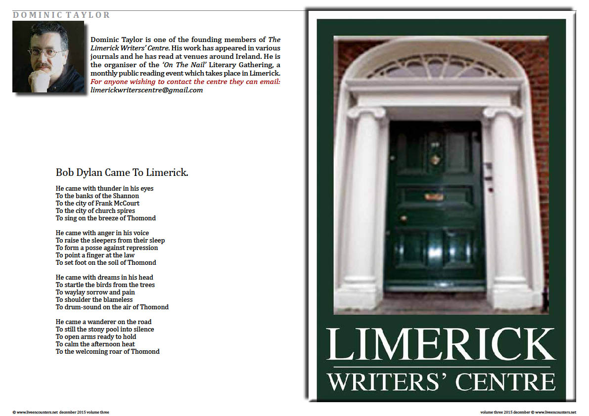 Live Encounters Magazine  Dominic Taylor Poems from Limerick Page 1 Volume 3 December 2015
