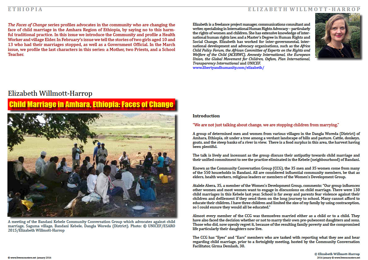 Page01 Child Marriage in Amhara, Ethiopia: Faces of Change by Elizabeth Willmott-Harrop Live Encounters Magazine January 2016