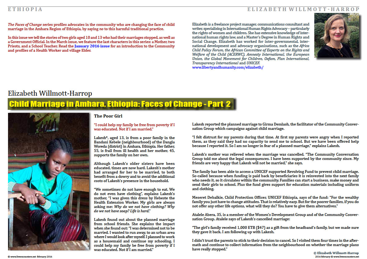 Page One Child Marriage in Amhara, Ethiopia: Faces of Change by Elizabeth Willmott-Harrop Part 2 Live Encounters Magazine February 2016