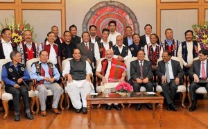 Prime Minister Narendra Modi with Union Home Minister Rajnath Singh, NSCN (IM) General Secretary, Thuingaleng Muivah, NSA, Ajit Doval and others at the signing ceremony of historic peace accord between Government of India & NSCN, in New Delhi. (Source; PTI)