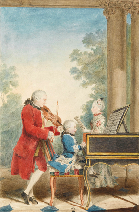 The Mozart family on tour: Leopold, Wolfgang, and Nannerl. Watercolor by Carmontelle, ca. 1763.