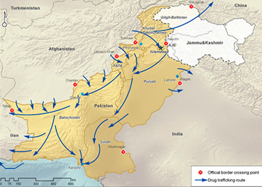 Afghanistan-Pakistan-India Drug Route, Source: UNODC, 2015.