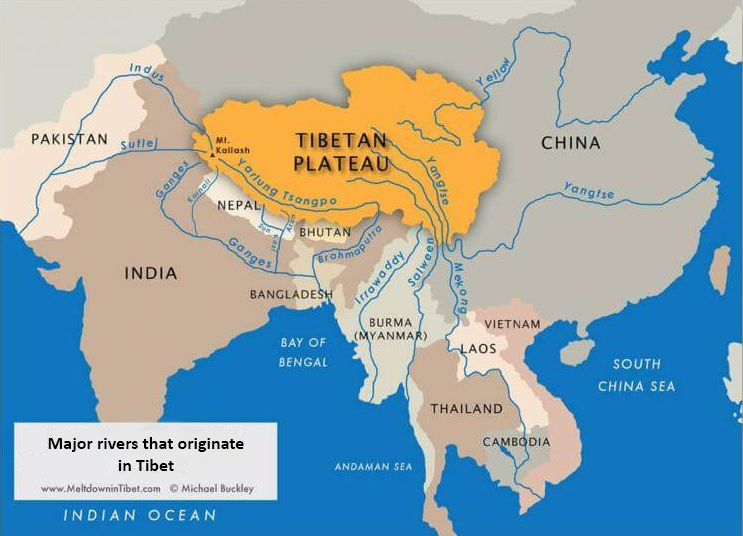 Major rivers that originate in Tibet: Yarlung Zangbo/Brahmaputra, Salween, Mekong, Yangtse, Yellow, Indus, Sutlej, Dulong Jiang/ Irrawady, Bhote Kosi. Arun, Karnali, Trishuli.