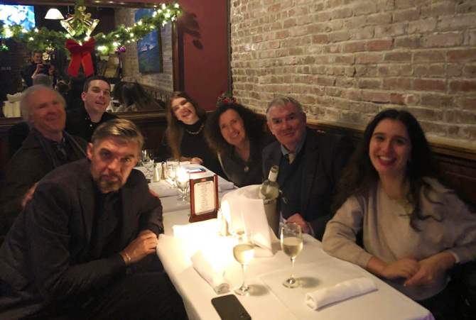 Dec 2023. In a New York pub with Nick Laird, Elisa Gonzalez,, Mary Noonan and Tom Sleigh